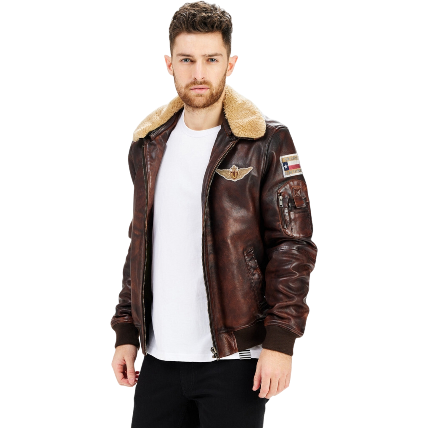 Lederjacke Bomber Fur Collar Badge