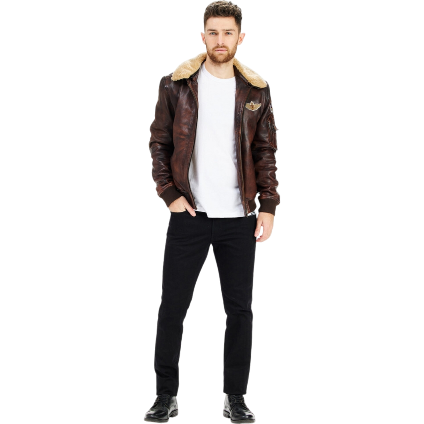 Lederjacke Bomber Fur Collar Badge