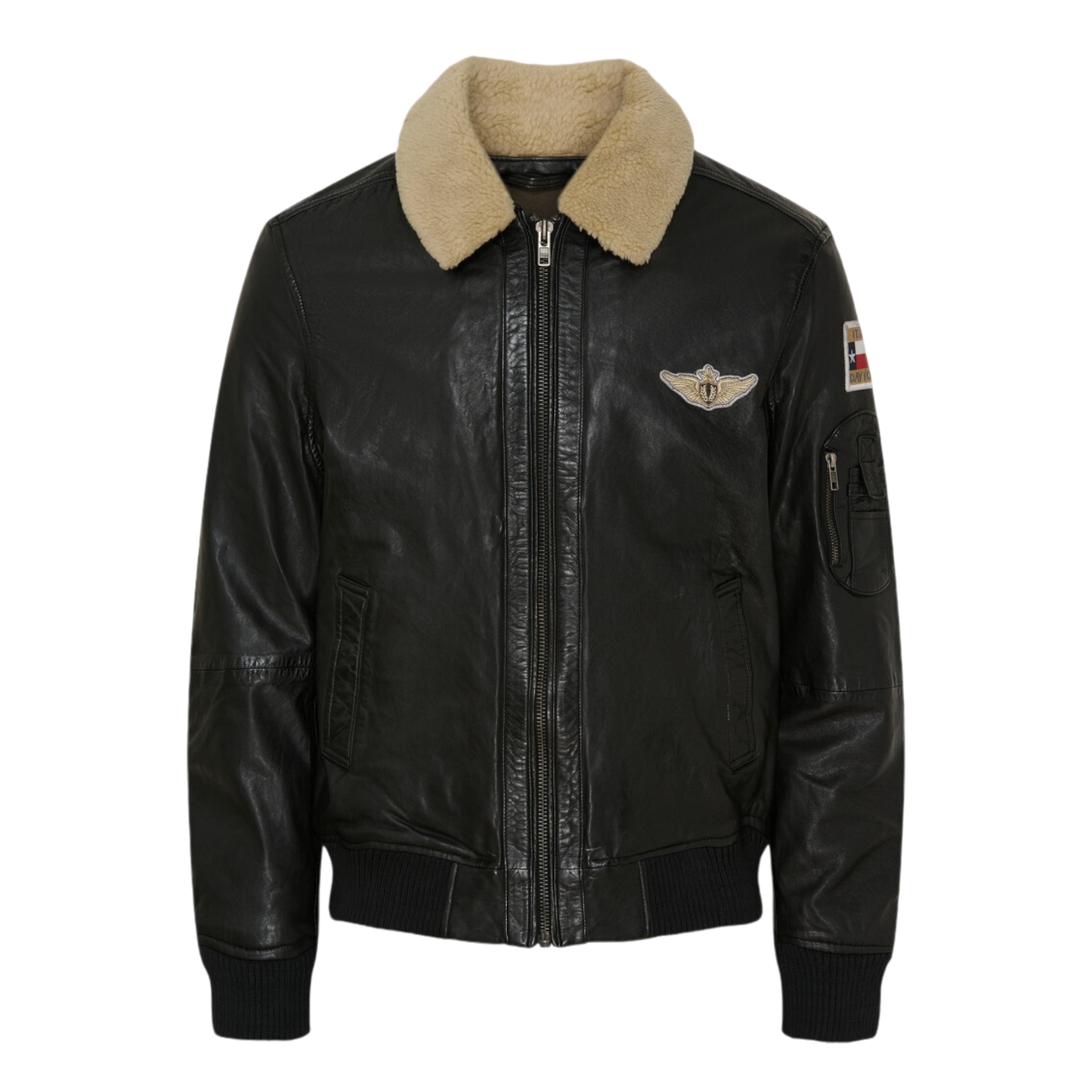 Lederjacke Bomber Fur Collar Badge